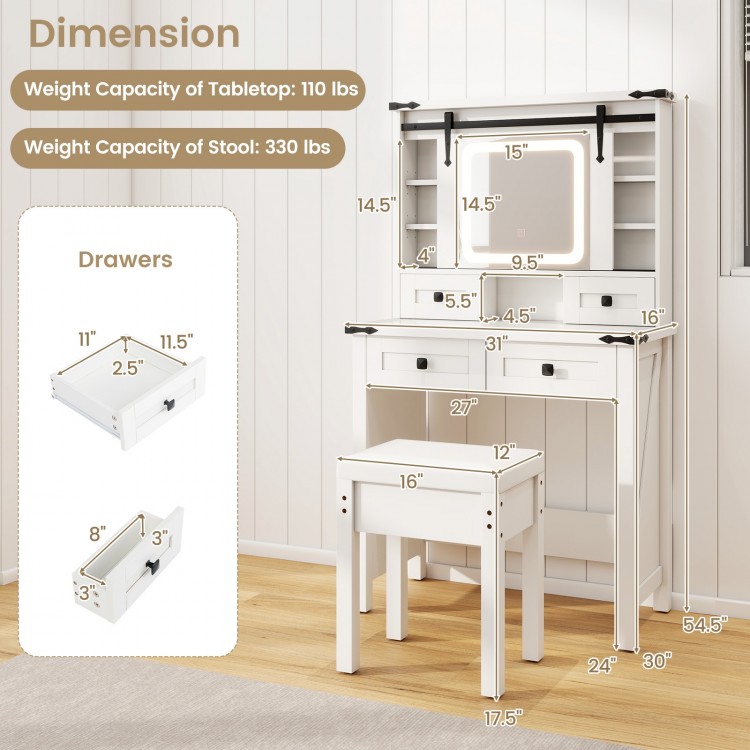 Makeup vanity desk in white with adjustable mirror, padded stool, and four drawers for organized storage.