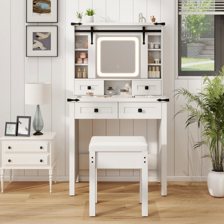 White makeup vanity desk with padded stool, featuring a sliding mirror and four drawers for stylish and organized.