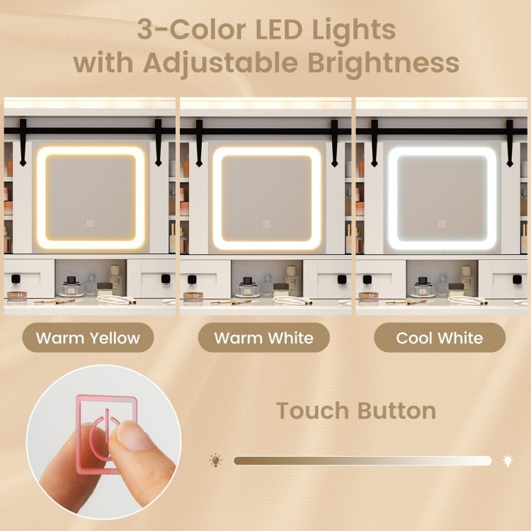 Makeup vanity desk with a 3-color LED lighted mirror, adjustable brightness, and storage shelves in white.