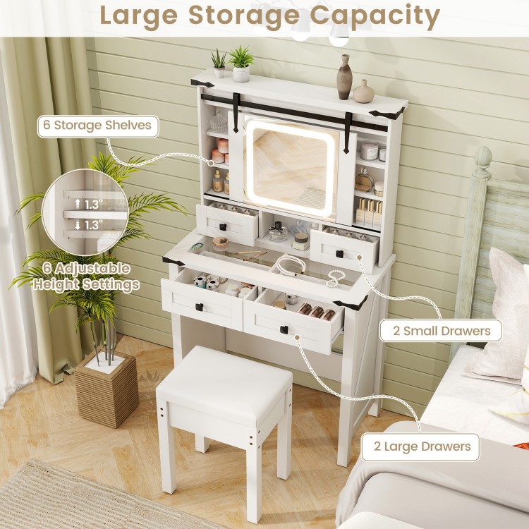 Makeup vanity desk in white featuring a LED mirror, 6 adjustable shelves, and 4 drawers for ample storage.