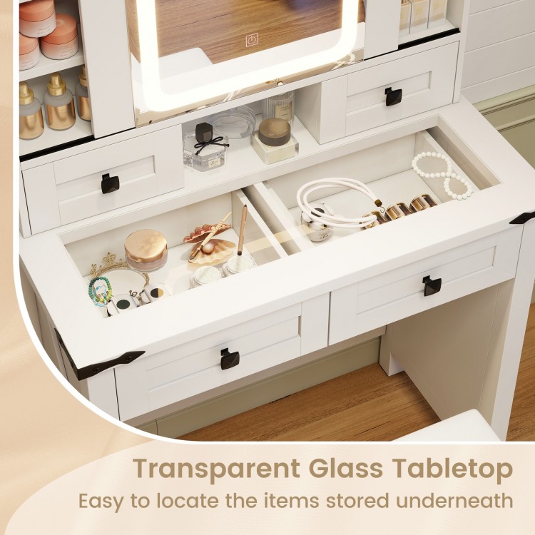 Makeup vanity desk featuring a transparent glass tabletop, adjustable storage shelves, and a 3-color LED lighted mirror.