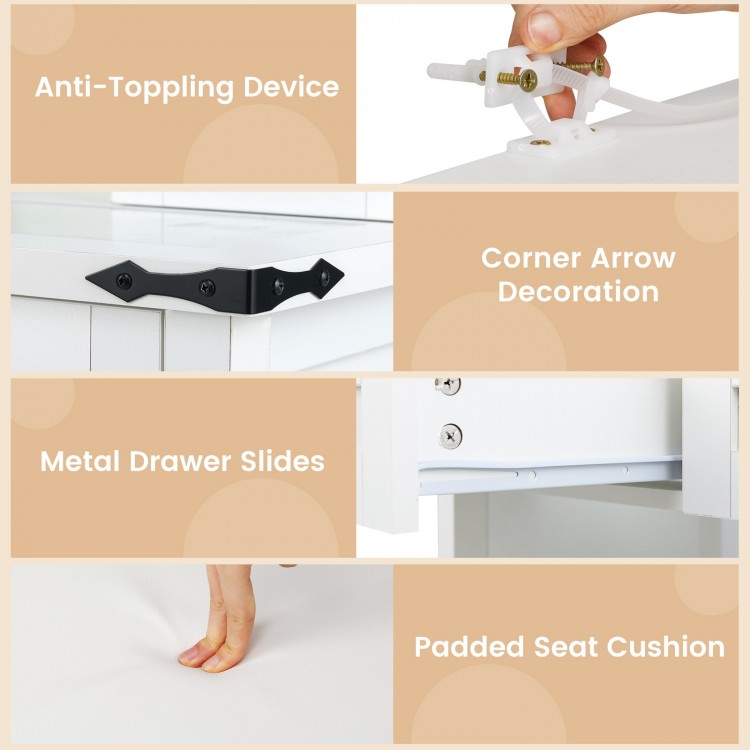 Close-up of the anti-toppling device and corner arrow decoration on the white makeup vanity desk with mirror.