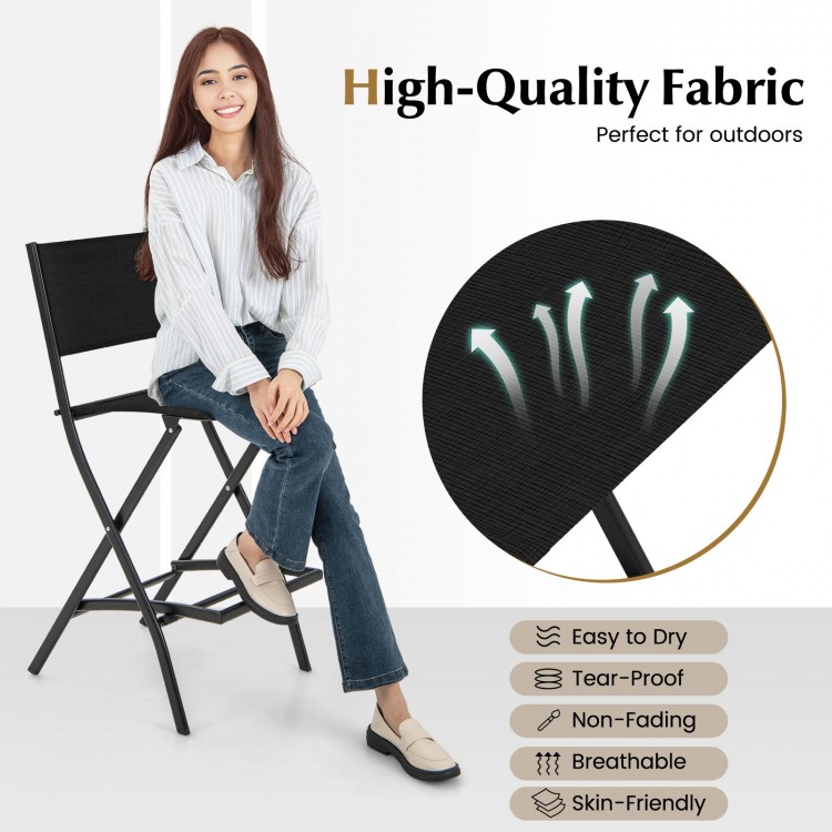 Folding bar stool with backrest in black, featuring high-quality fabric and sturdy metal frame, perfect for outdoor use.