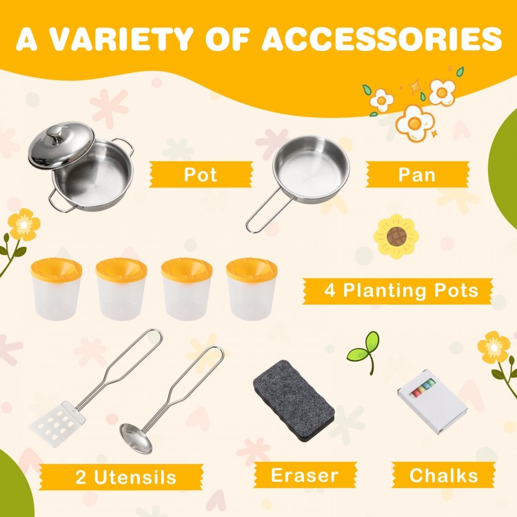 Kids mud kitchen accessories including a pot, pan, planting pots, utensils, eraser, and chalks for imaginative play.