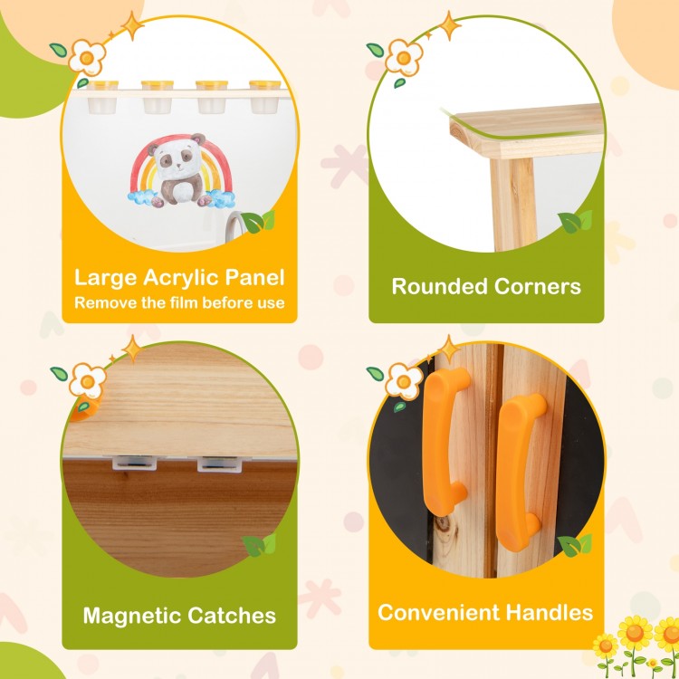Detail of the Kids Mud Kitchen showing rounded corners, magnetic catches, and convenient handles for safe play.