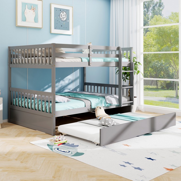Gray full over full bunk bed with ladder and trundle, featuring sturdy pine wood and modern design for children's rooms.