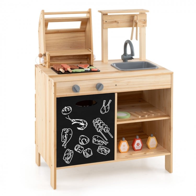 Wooden barbecue grill playset with sink, chalkboard, and storage, featuring 25 BBQ accessories for imaginative play.