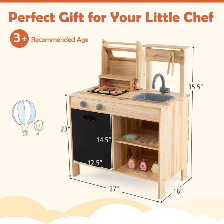 Wooden barbecue grill playset with sink and chalkboard, featuring 25 BBQ accessories for kids aged 3+, perfect for.
