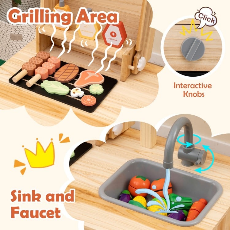 Wooden barbecue grill playset featuring a sink, faucet, and interactive knobs, ideal for kids' imaginative play.