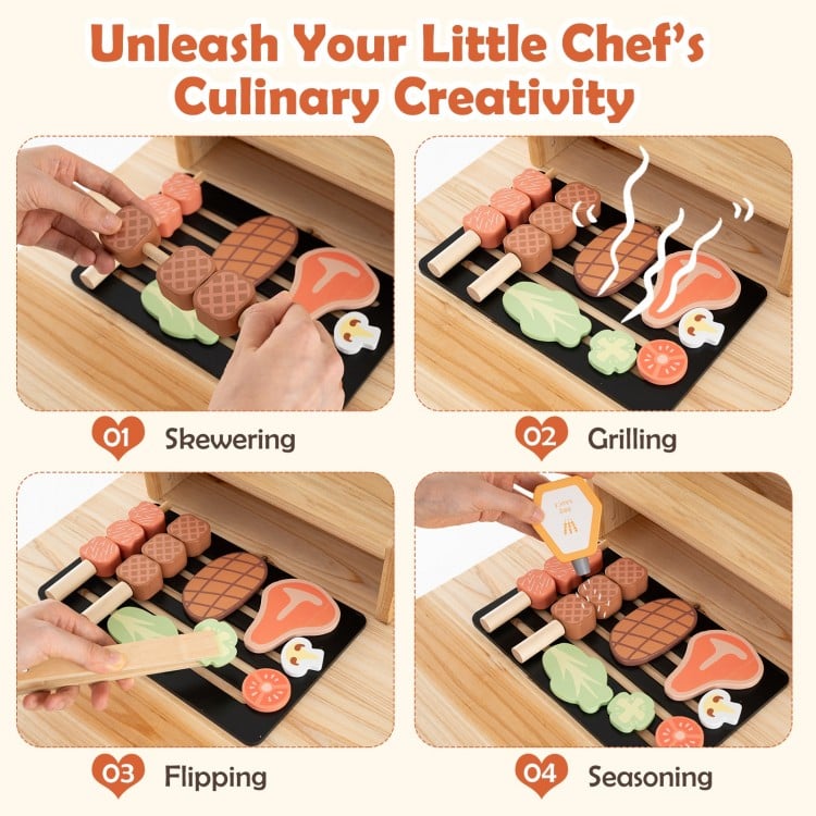 Wooden barbecue grill playset with accessories, featuring a chalkboard and sink for realistic cooking fun.