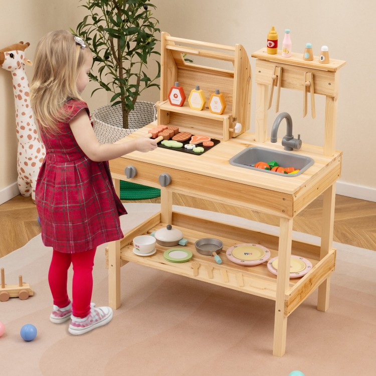 Wooden barbecue grill playset with play food, featuring open shelves and realistic BBQ accessories for imaginative play.