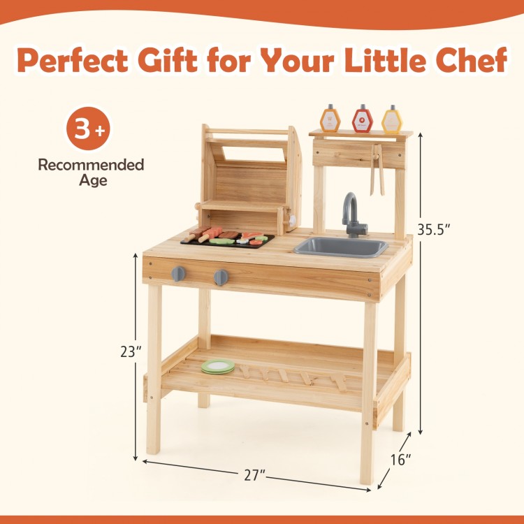 Wooden barbecue grill playset with play food, open shelves, and realistic accessories for kids aged 3+, perfect for.