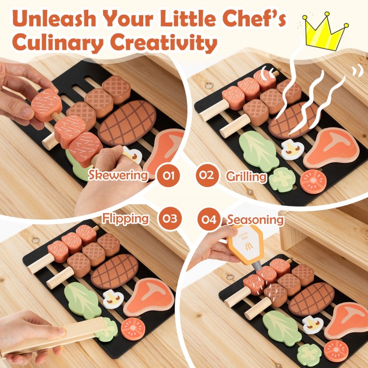 Wooden barbecue grill playset with 25 play food accessories for realistic cooking fun, perfect for kids aged 3+.