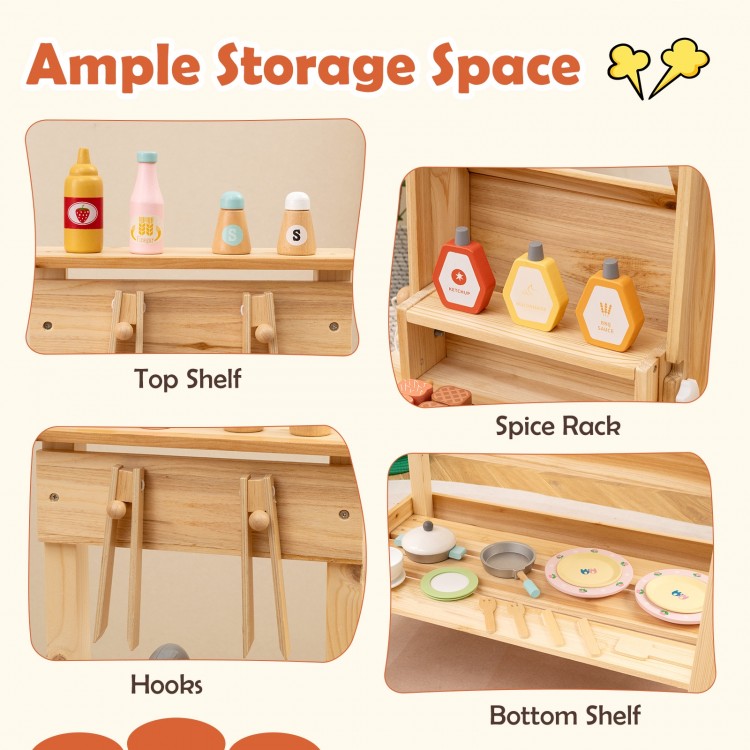 Wooden barbecue grill playset featuring ample storage with top shelf, spice rack, hooks, and bottom shelf for organized.