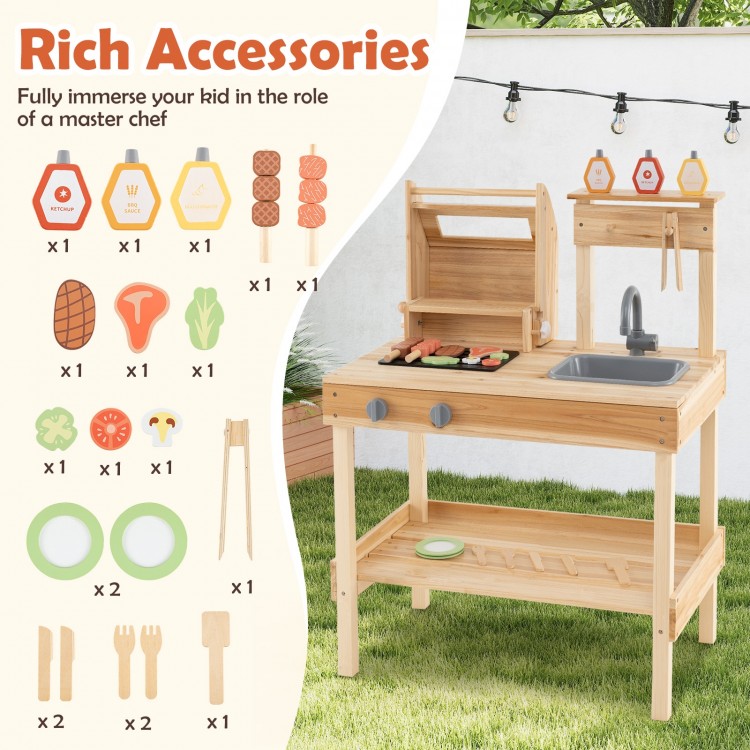 Wooden barbecue grill playset with play food and open shelves, featuring 25 accessories for realistic cooking fun.