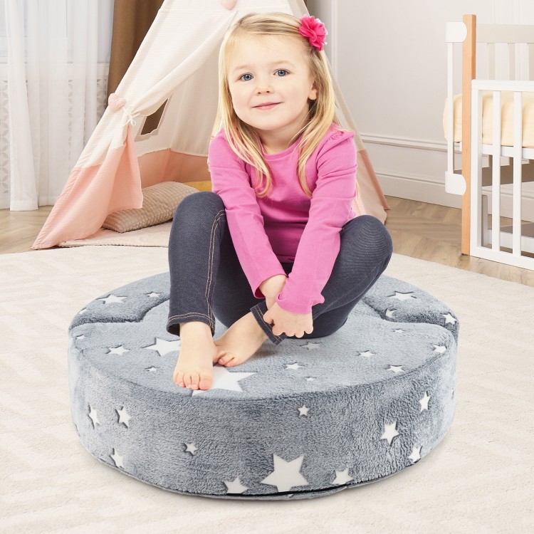 Round gray kids sofa with luminous star patterns, soft flannel fabric, perfect for reading and resting.