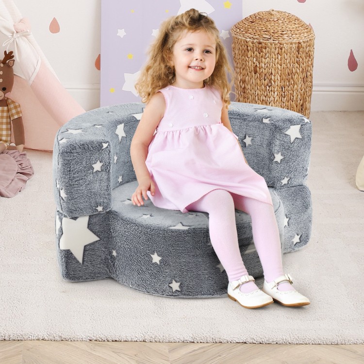Gray 2-in-1 convertible kids sofa with luminous star patterns, perfect for reading and playing. Removable washable.