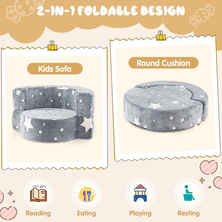 Kids sofa with removable cover in gray, featuring luminous star patterns, converts to a round cushion for versatile use.