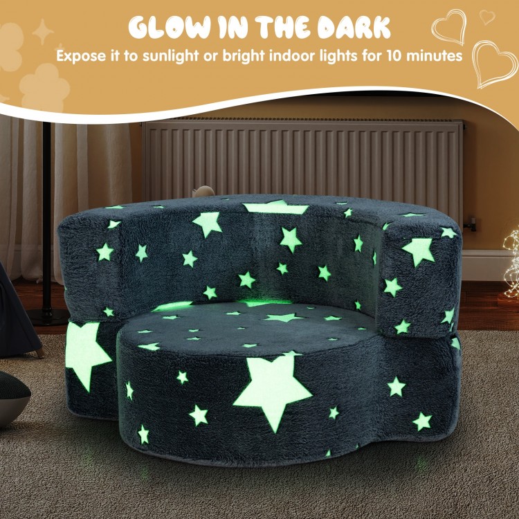 Convertible gray kids sofa with glow-in-the-dark star patterns, perfect for reading and playing, featuring a removable.