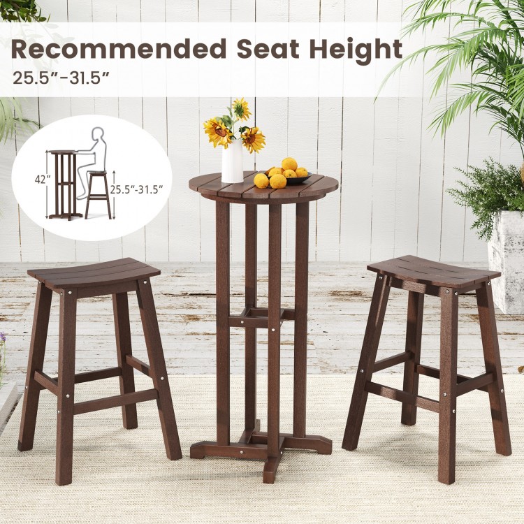Round bar table with slatted HDPE tabletop in brown, ideal for outdoor use with bar chairs 25.5"-31.5" seat height.