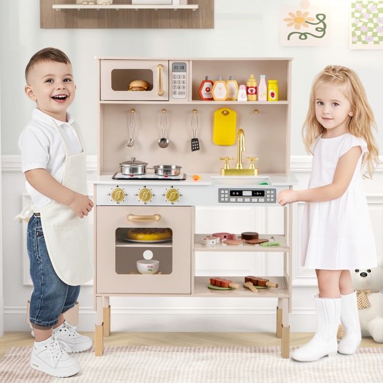 Height-adjustable pink play kitchen with dual stoves, microwave, and lights, perfect for imaginative role-playing.