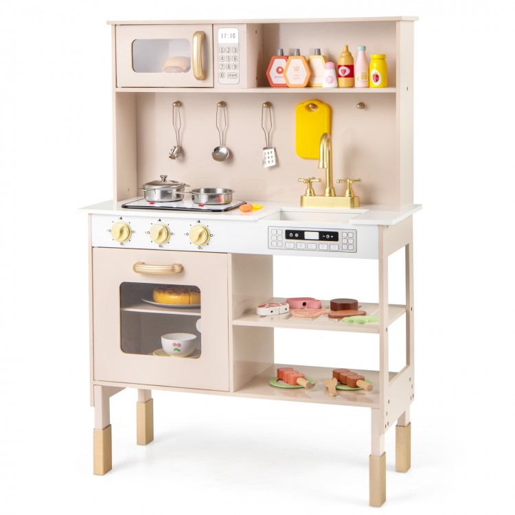 Height-adjustable pink play kitchen with dual stoves, microwave, and ample storage for imaginative role-playing.