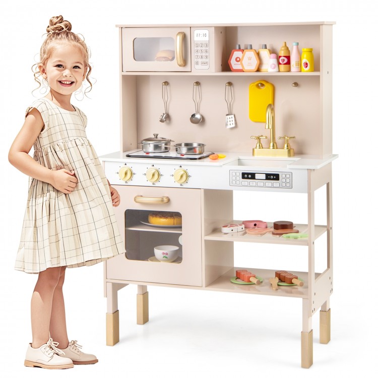 Pink play kitchen featuring a sink and oven with rich accessories, designed for engaging role-playing and skill.