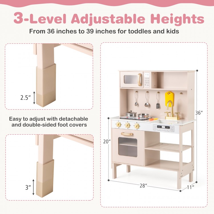 Height adjustable play kitchen in pink with microwave, dual stoves, and storage for imaginative role-playing fun.