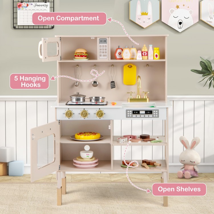 Height-adjustable pink play kitchen with open shelves, microwave, dual stoves, and 5 hanging hooks for imaginative play.