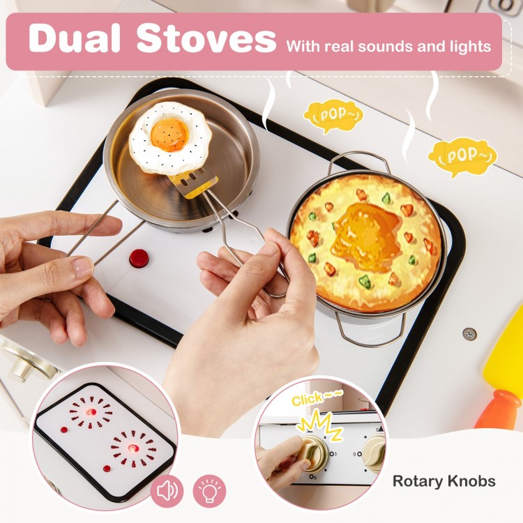 Dual stoves with lights and sounds, featuring rotary knobs, ideal for imaginative play in a pink kitchen set.