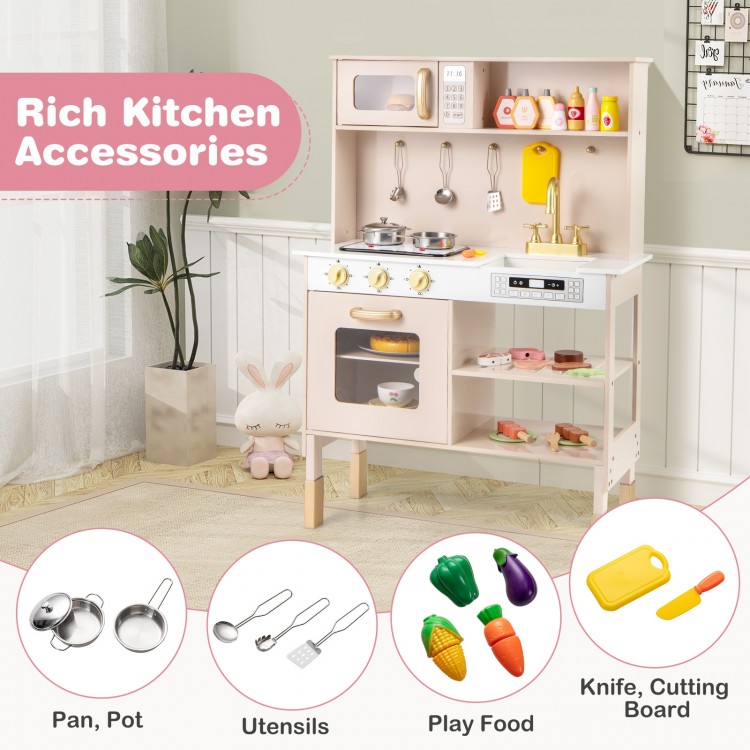 Play kitchen set in pink with adjustable height, dual stoves, microwave, and rich accessories for imaginative play.