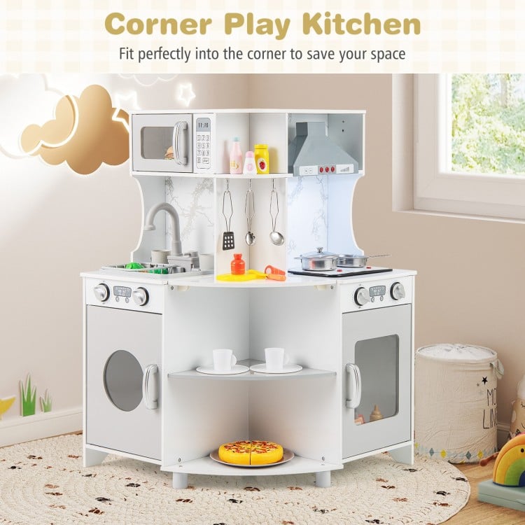 Kids corner wooden play kitchen in gray with range hood, stoves, and engaging lights, perfect for imaginative play.