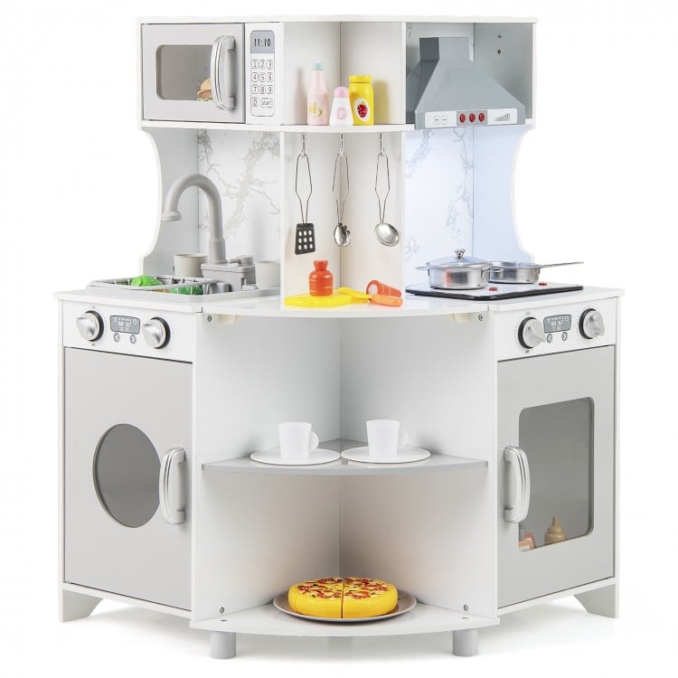 Kids corner wooden play kitchen in gray with stoves, microwave, and accessories for imaginative play and organization.