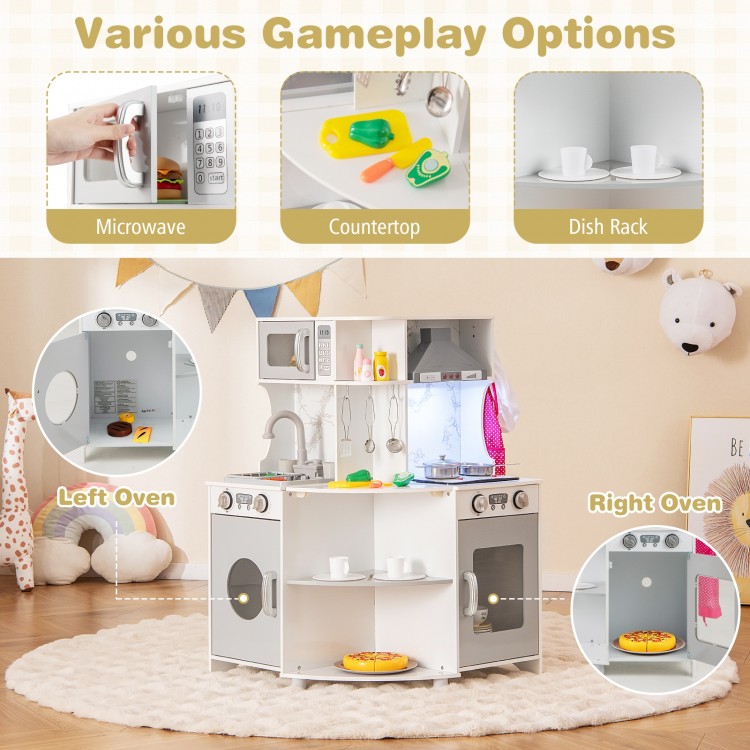 Kids Corner Wooden Play Kitchen in gray featuring microwave, ovens, and countertop for imaginative play and.