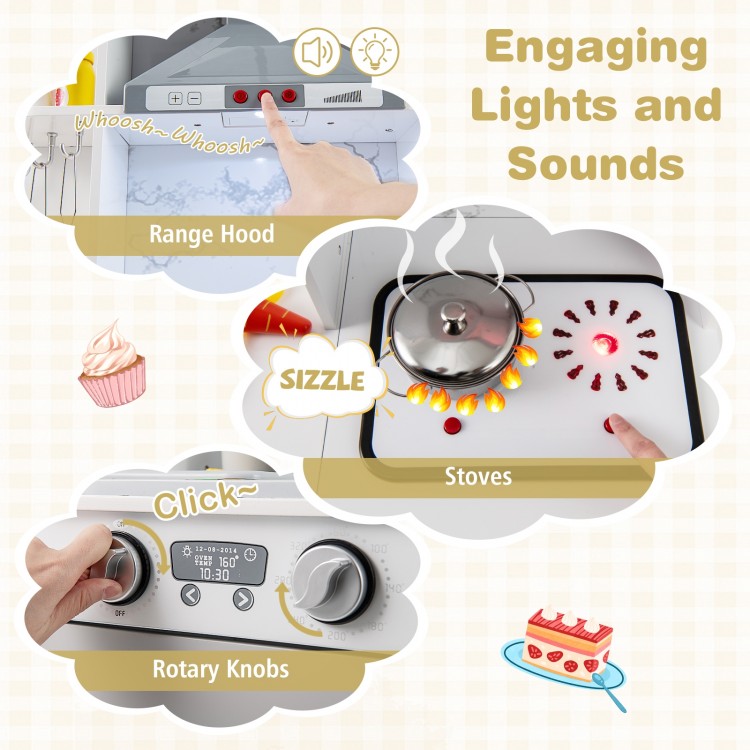 Engaging lights and sounds from the range hood and stoves of the Kids Corner Wooden Play Kitchen in gray for.