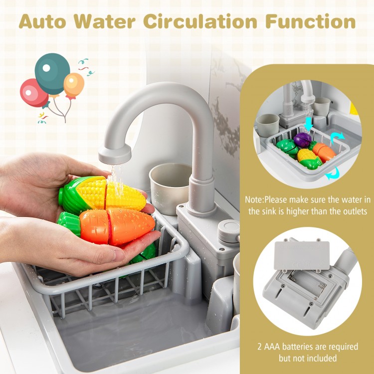 Colorful toy vegetables in a sink with auto water circulation, part of the Kids Corner Wooden Play Kitchen for.