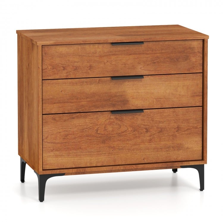Three-drawer dresser in cherry wood finish with sleek metal handles and removable legs, ideal for bedroom or living.