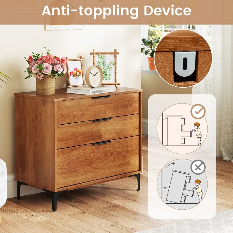 3 drawer dresser in cherry finish with anti-tipping device, removable legs, and smooth metal slides for bedroom storage.