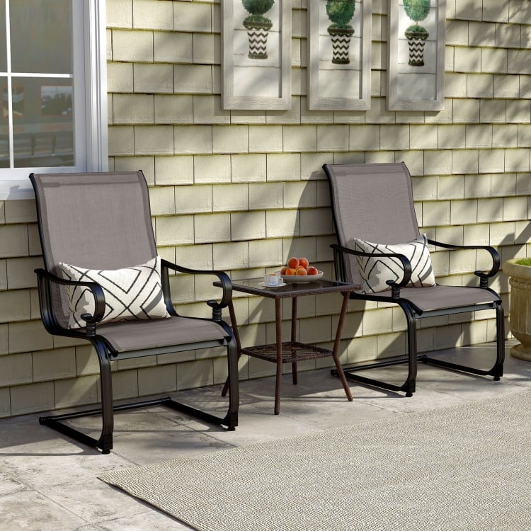 Set of 2 gray patio chairs with breathable fabric, featuring a rocking motion and sturdy metal frames for outdoor.