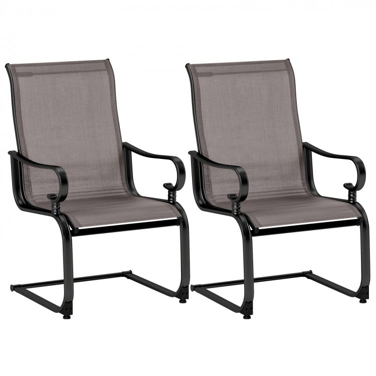 Set of 2 gray patio chairs with breathable fabric and sturdy metal frames, perfect for backyard relaxation.