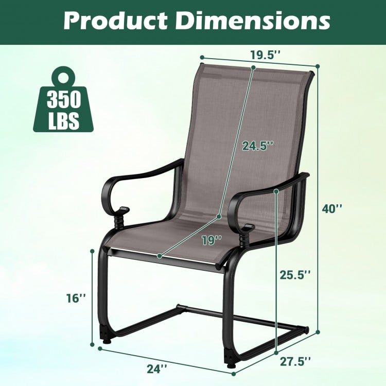 Dimensions of a gray patio chair with breathable fabric, supporting up to 350 lbs, ideal for backyard relaxation.