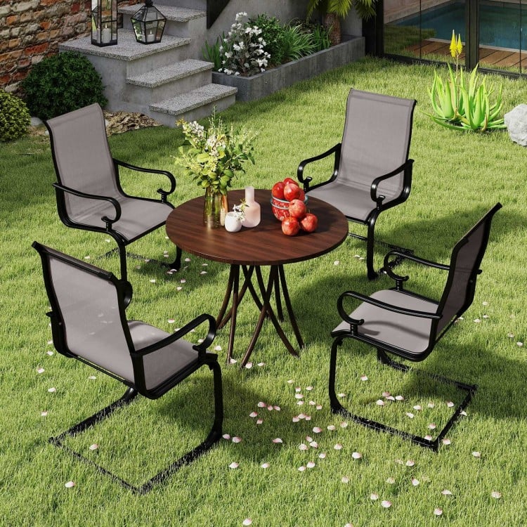 Set of 2 gray patio chairs with breathable fabric, featuring a sturdy design and rocking motion for backyard relaxation.