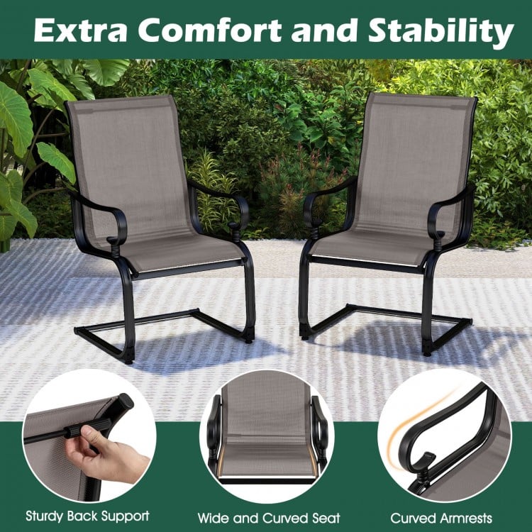 Set of 2 gray patio chairs with sturdy metal frames, high backrest, and curved armrests for backyard relaxation.
