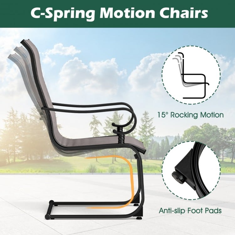 C-Spring motion chair in gray with 15° rocking motion and sturdy metal frame, ideal for backyard relaxation.