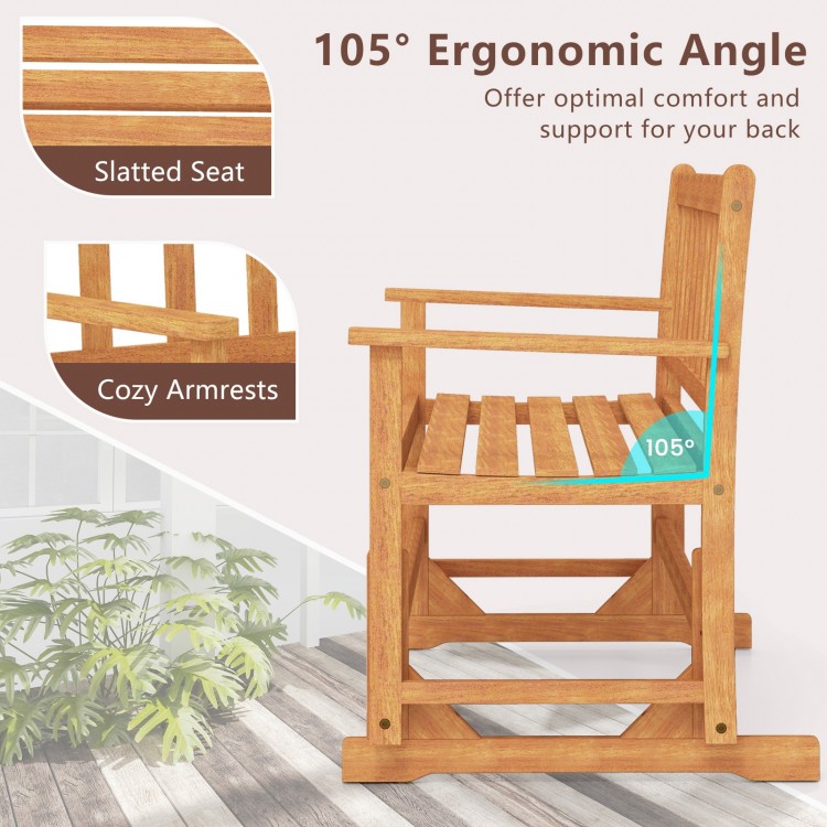 Side view of a 2-person outdoor acacia wood glider bench showcasing a 105° ergonomic angle and cozy armrests for.