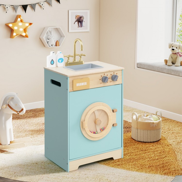 Kids washer playset toy in blue with rotating wheel, detergent drawer, and realistic knobs for imaginative play.