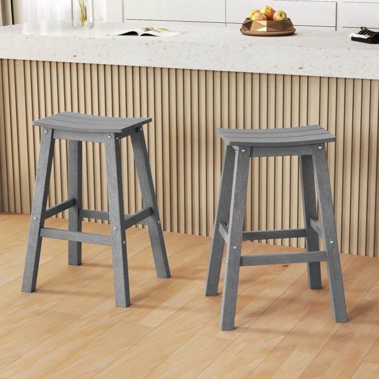 Gray 29-inch HDPE patio bar stool set of 2 with curved seats, ideal for outdoor relaxation at bar height tables.