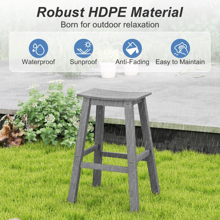 Gray 29-inch HDPE patio bar stool with slatted seat and footrests, perfect for outdoor relaxation and easy maintenance.
