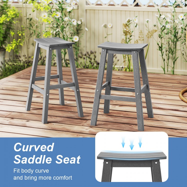 Gray 29-inch HDPE patio bar stool set of 2 with curved saddle seats, ideal for outdoor relaxation on balconies or.