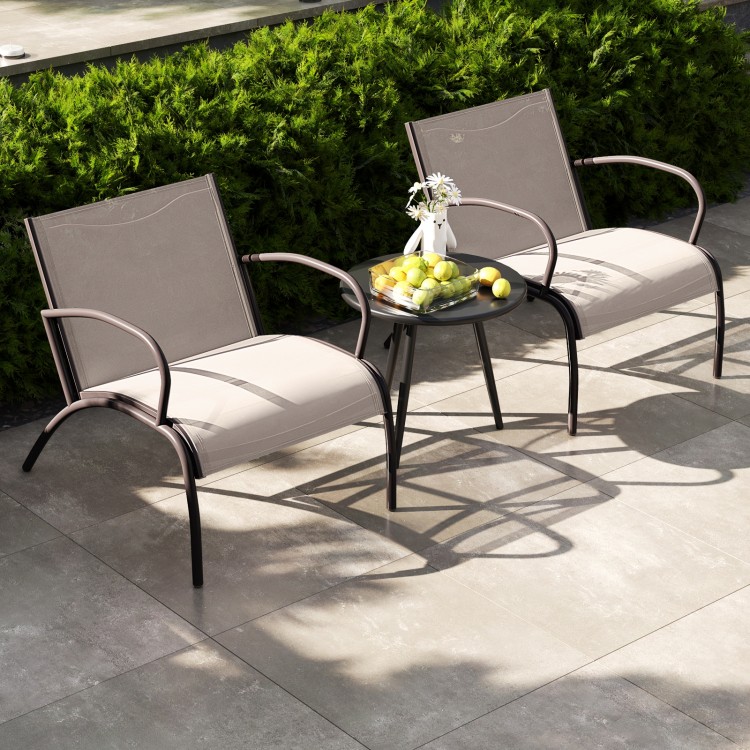 Two wide armchairs with a side table in rustic brown, perfect for outdoor patio relaxation and comfort.